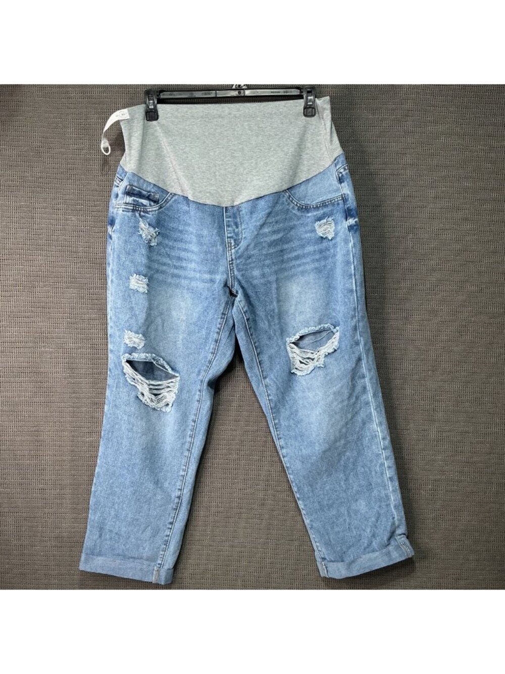 Shein Woman's Maternity Distressed Light Wash Denim Jeans Stretch Panel XXL
